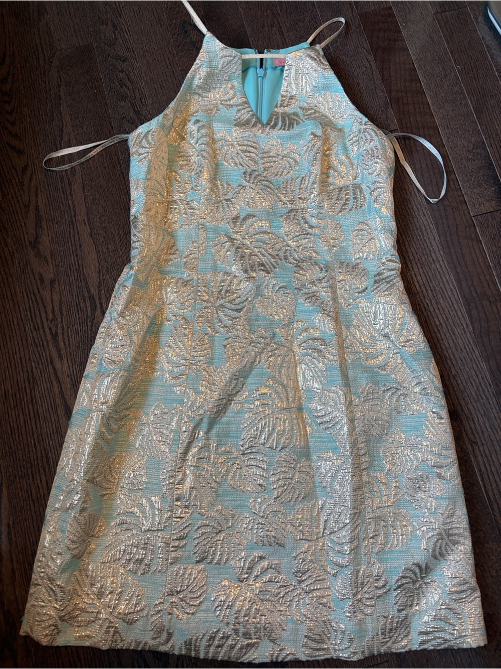 Lilly Pulitzer Aqua and Gold Brocade Halter Dress